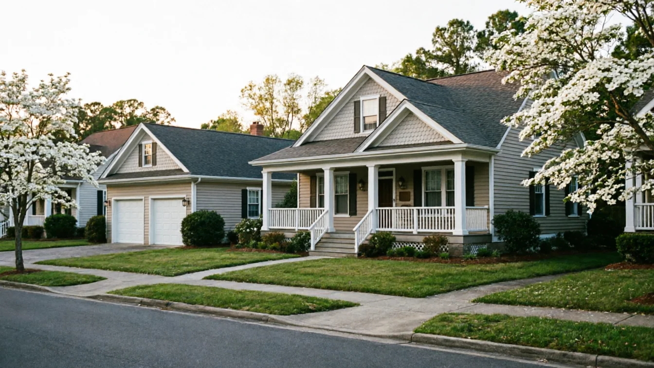 Two houses with white garage doors and blooming trees line a street.