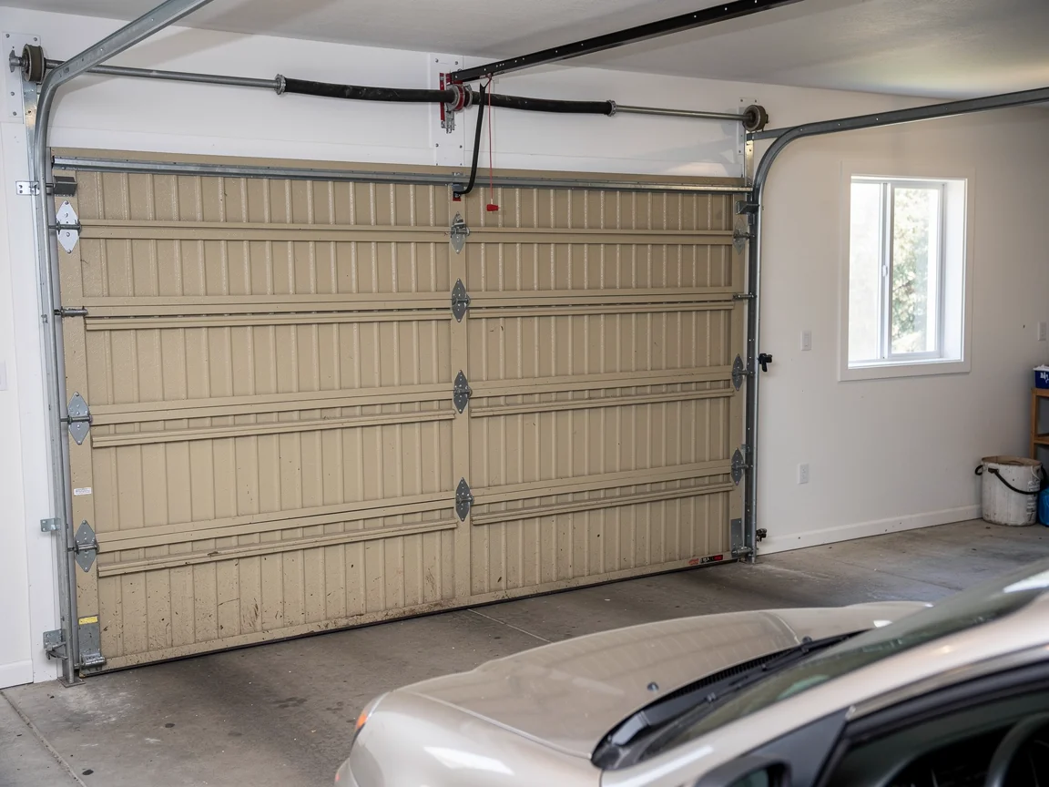 A beige garage door is closed with a car parked in front of it.