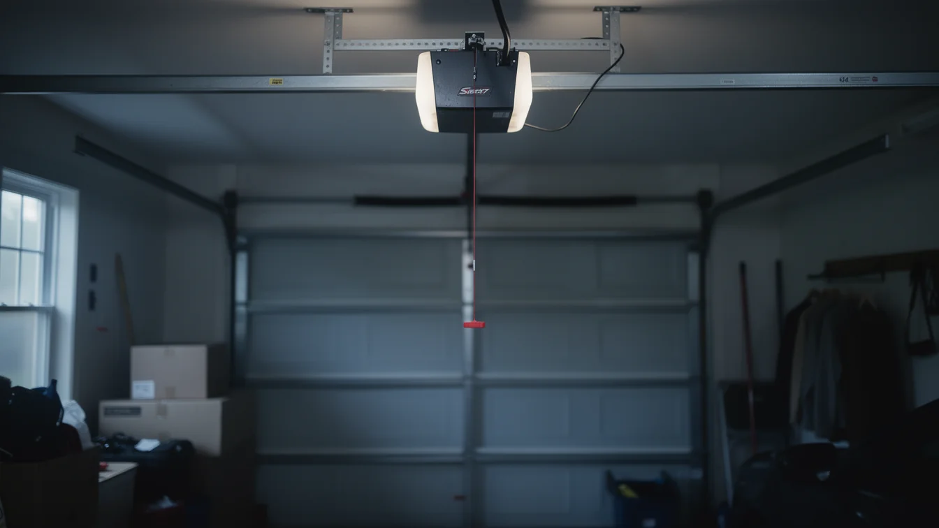 A garage door opener with lights is mounted above a closed garage door.